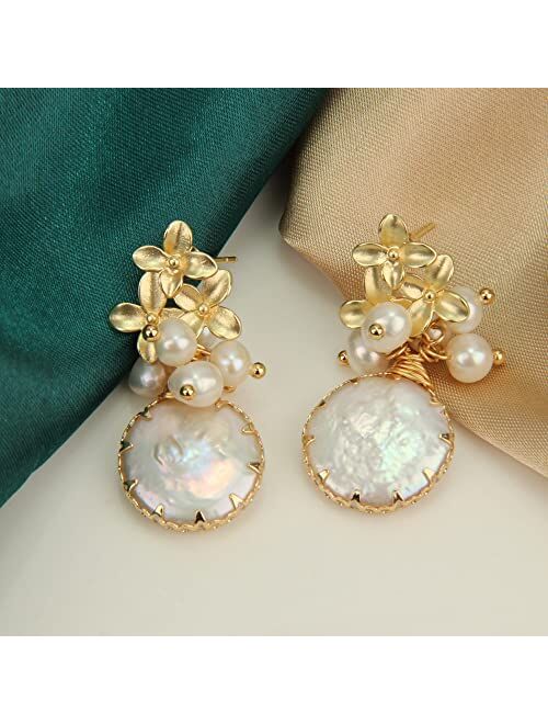 zqhhyy 18k Gold Baroque White Big Pearl Drop Earrings For Women Handmade Trendy Comfy Real Freshwater Pearls Aesthetic Life Tree Dangle Earrings Engaged Wedding Bridesmai