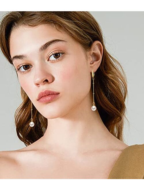 Cowlyn Pearl Earring Drop Dangle Hook Long Chain Pendant 18K Gold Hypoallergenic Tassel Earrings Valentine Jewelry for Women Girl