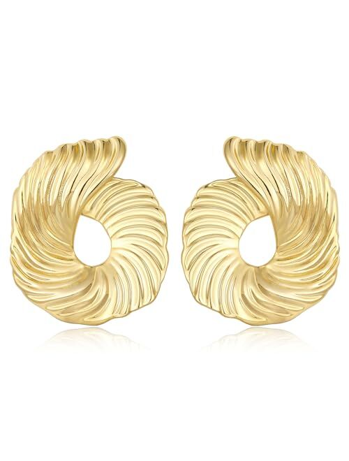 KissYan Gold Statement Earrings, 14K Gold Plated Flower Gingko Leaf Geometric Twisted Knot Fan-shaped Mermaid Tail Exaggerated Earrings Trendy Jewelry for Women
