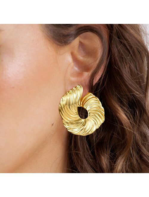 KissYan Gold Statement Earrings, 14K Gold Plated Flower Gingko Leaf Geometric Twisted Knot Fan-shaped Mermaid Tail Exaggerated Earrings Trendy Jewelry for Women
