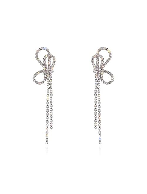 Luxval Rhinestones Earrings for Women silver rhinestone earrings Sparkly Long Linear Dangle Earrings Dangle Tassels Statement Earrings Bridal Wedding