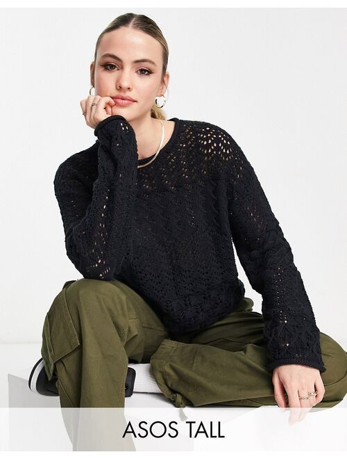 ASOS Tall ASOS DESIGN Tall crew neck sweater in mixed pointelle stitch in black