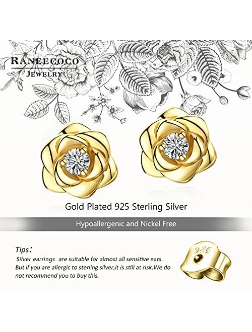 Raneecoco Gold Plated Sterling Silver Rose Flower Earring Studs, Hypoallergenic & Nickel Free Earrings for Women