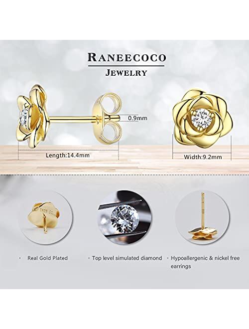 Raneecoco Gold Plated Sterling Silver Rose Flower Earring Studs, Hypoallergenic & Nickel Free Earrings for Women