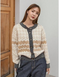 Dazy-Less Women's Colorblock Notched Collar Cardigan Sweater With Herringbone Pattern
