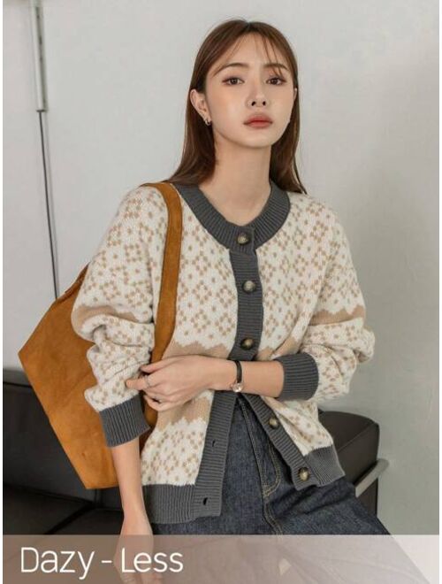 Dazy-Less Women's Colorblock Notched Collar Cardigan Sweater With Herringbone Pattern
