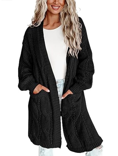 Imily Bela Womens Oversized Open Front Long Cardigans Cable Knit Long Lantern Sleeve Chunky Sweater Outwear with Pockets
