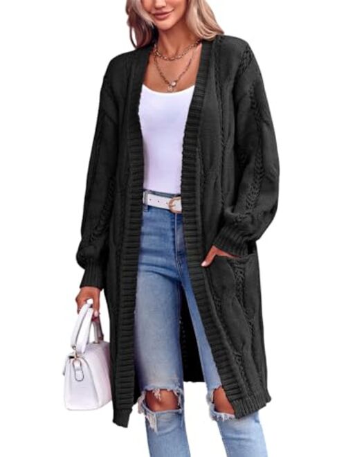 Imily Bela Womens Oversized Open Front Long Cardigans Cable Knit Long Lantern Sleeve Chunky Sweater Outwear with Pockets