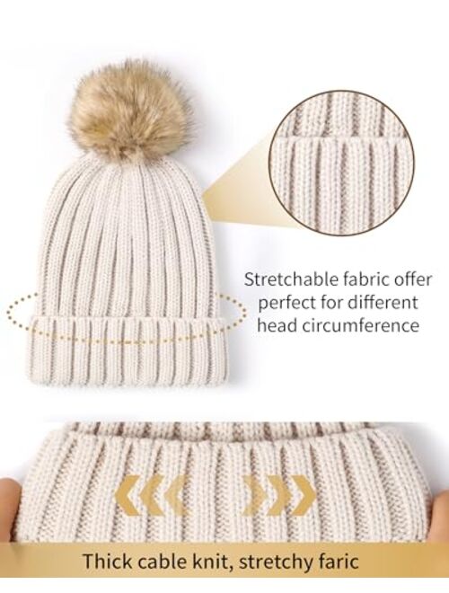 DOFOWORK Beanies Women - Winter Hats for Women with Faux Fur Pom Warm Knit Skull Cap, Womens Beanie