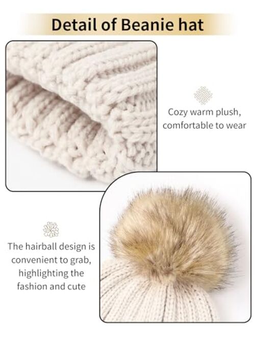 DOFOWORK Beanies Women - Winter Hats for Women with Faux Fur Pom Warm Knit Skull Cap, Womens Beanie