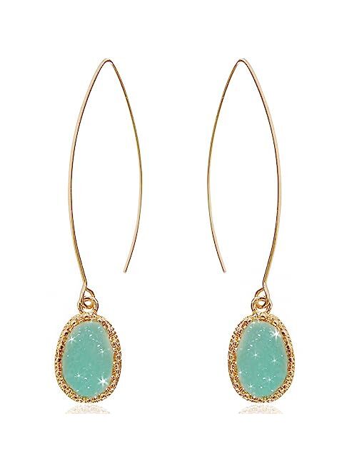 Humble Chic NY Humble Chic Simulated Druzy Dangly Threader Earrings - Gold, Silver, or Rose Gold Tone Long Simple Boho Hoop Drop Dangles with Sparkly Oval Stone