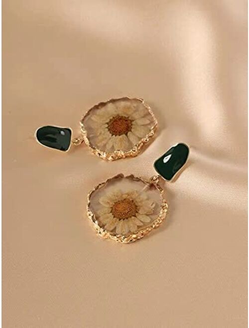 Lonmaosu Eternalflower Daisy Resin Dried Flower Earrings, Handmade Bohemian Pressed Dried Flowers, 925 Silver Needle, 18-karat Gold Plated