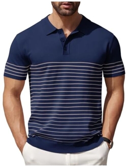 Men's Knit Polo Shirts Short Sleeve Striped Golf Polo Shirts Lightweight Casual Collared T Shirt