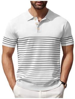 Men's Knit Polo Shirts Short Sleeve Striped Golf Polo Shirts Lightweight Casual Collared T Shirt