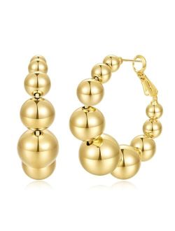 KissYan Gold Beaded Hoop Earrings, 14K Gold Plated Round Ball Drop Earrings Lightweight Chunky Statement Beads Huggie Earrings Dainty Jewelry Gifts for Women Girls