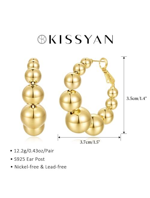 KissYan Gold Beaded Hoop Earrings, 14K Gold Plated Round Ball Drop Earrings Lightweight Chunky Statement Beads Huggie Earrings Dainty Jewelry Gifts for Women Girls