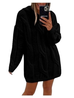KIRUNDO Womens Fashion 2023 Fall Winter Oversized Cable Knit Hooded Sweater Dress Long Sleeve Chunky Sweaters Pullover