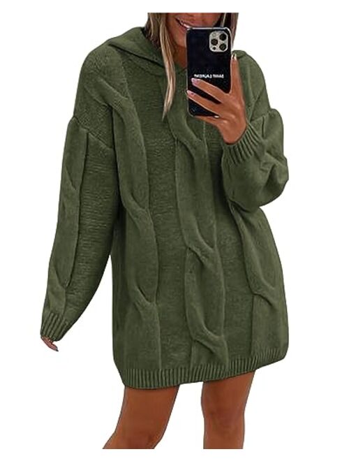 KIRUNDO Womens Fashion 2023 Fall Winter Oversized Cable Knit Hooded Sweater Dress Long Sleeve Chunky Sweaters Pullover