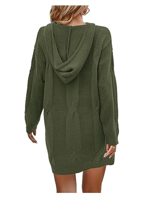 KIRUNDO Womens Fashion 2023 Fall Winter Oversized Cable Knit Hooded Sweater Dress Long Sleeve Chunky Sweaters Pullover