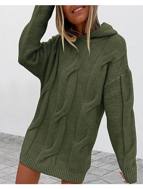 KIRUNDO Womens Fashion 2023 Fall Winter Oversized Cable Knit Hooded Sweater Dress Long Sleeve Chunky Sweaters Pullover