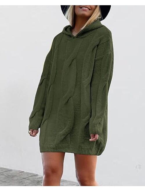 KIRUNDO Womens Fashion 2023 Fall Winter Oversized Cable Knit Hooded Sweater Dress Long Sleeve Chunky Sweaters Pullover