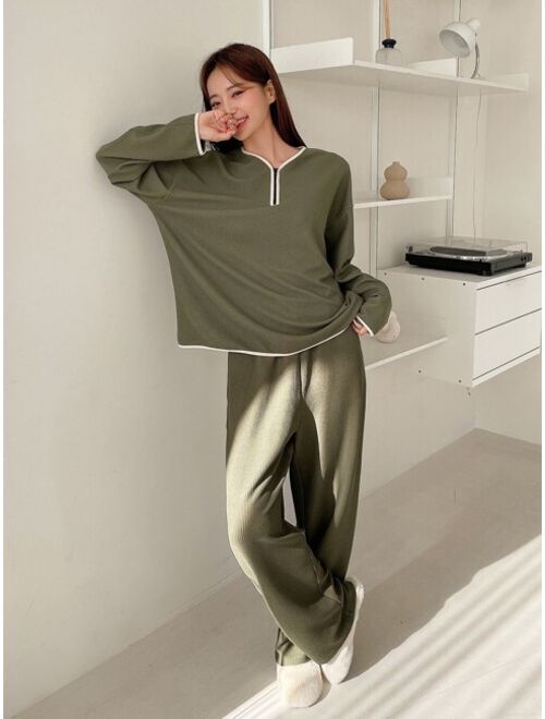 DAZY Contrast Binding Drop Shoulder Slant Pocket Lounge Set