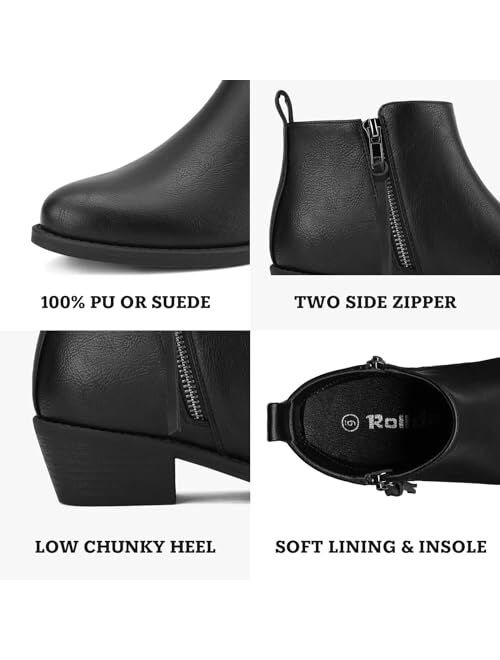 Rollda Women's Ankle Boots Low Heel Ankle Booties Side Zipper Short Boots for Women