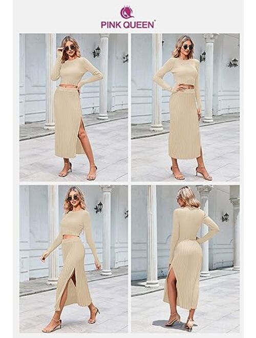 Pink Queen Women's 2 Piece Sweater Outfits Set Long Sleeve Crop Top Ribbed Split Bodycon Midi Long Skirt Knit Dresses