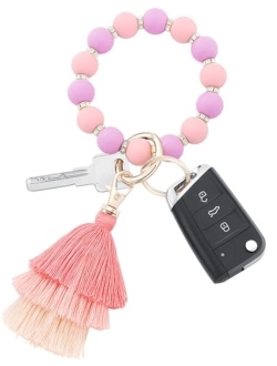 Donouzair Silicone Bead Keychain Bracelet,Key Ring Bracelet Wristlet Keychain for Women with Tassel(Coffee)