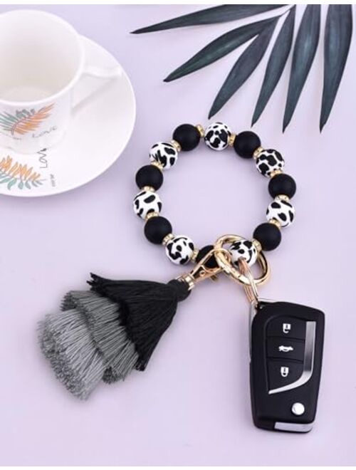 Donouzair Silicone Bead Keychain Bracelet,Key Ring Bracelet Wristlet Keychain for Women with Tassel(Coffee)
