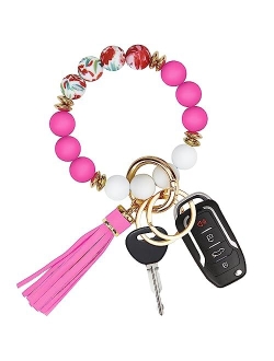 Manlosen Key Ring Bracelet Car Keychain Holder Wristlet Silicone Beaded Bangle Chains for Women