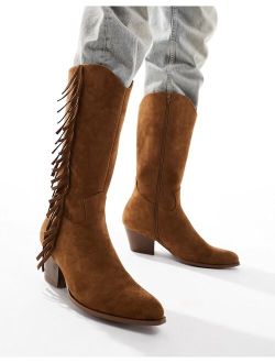 western cowboy boot in faux suede with tassel detail in brown