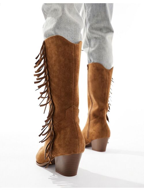 ASOS DESIGN western cowboy boot in faux suede with tassel detail in brown