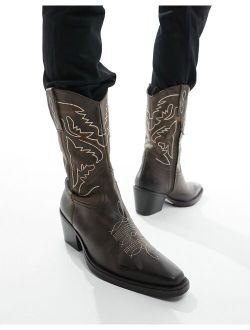 Western Heeled Chelsea Boots in Brown Leather With Stitch Detail