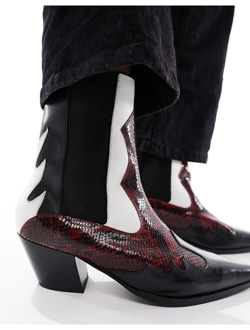 ASOS DESIGN heeled chelsea western boots in black and red leather
