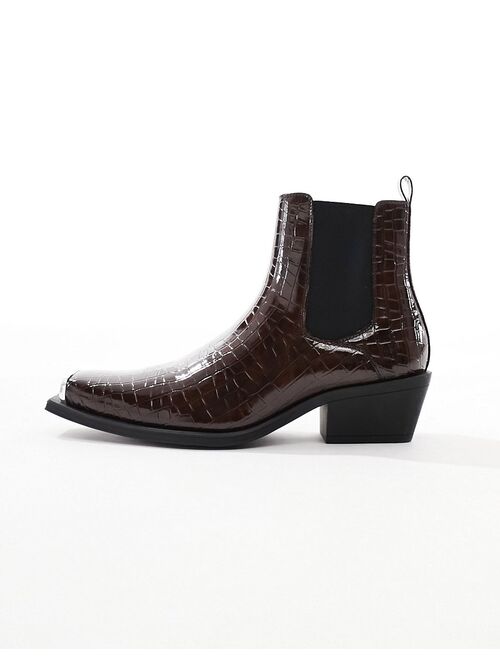 ASOS DESIGN cuban chelsea boots in brown croc print faux leather