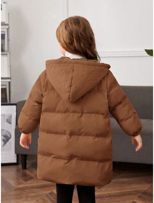 SHEIN Little Girls' Solid Color Hooded Loose Thick Mid-long -padded Coat