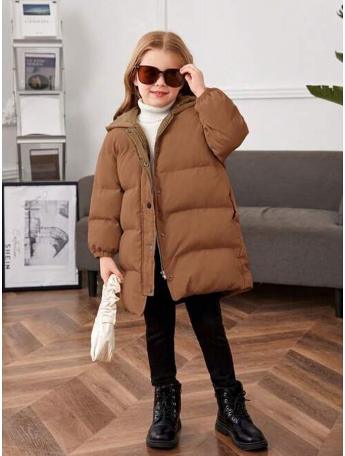 SHEIN Little Girls' Solid Color Hooded Loose Thick Mid-long -padded Coat