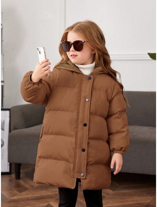 SHEIN Little Girls' Solid Color Hooded Loose Thick Mid-long -padded Coat