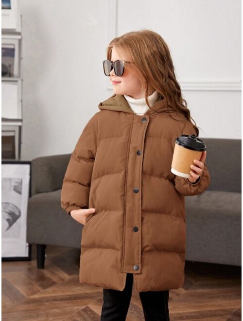 SHEIN Little Girls' Solid Color Hooded Loose Thick Mid-long -padded Coat