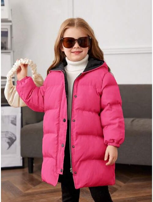 SHEIN Little Girls' Solid Color Hooded Loose Thick Mid-long -padded Coat