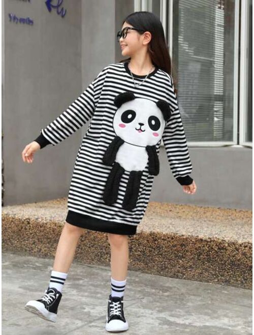 SHEIN Kids KDOMO Girls' Loose Fit Campus Style Panda Pattern Long Hoodie