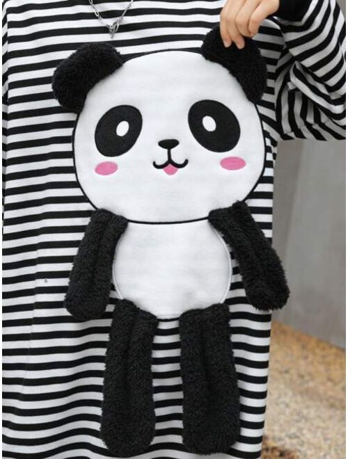 SHEIN Kids KDOMO Girls' Loose Fit Campus Style Panda Pattern Long Hoodie