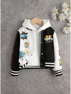 Young Girl Letter Graphic Colorblock Varsity Jacket Without Hoodie