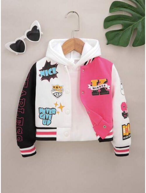 Shein Young Girl Letter Graphic Colorblock Varsity Jacket Without Hoodie