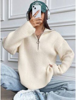 Half Zip Ribbed Knit Drop Shoulder Sweater