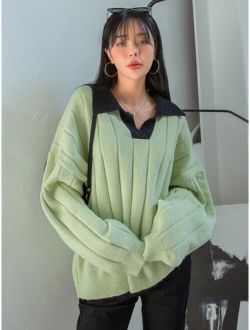 Contrast Panel Letter Embroidery Drop Shoulder Sweater