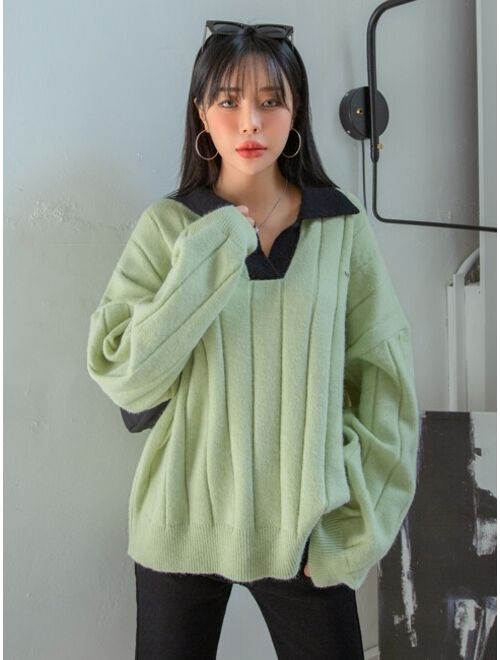 DAZY Contrast Panel Letter Embroidery Drop Shoulder Sweater
