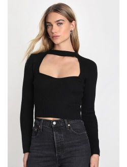 Total Flirt Black Ribbed Cutout Mock Neck Sweater Top