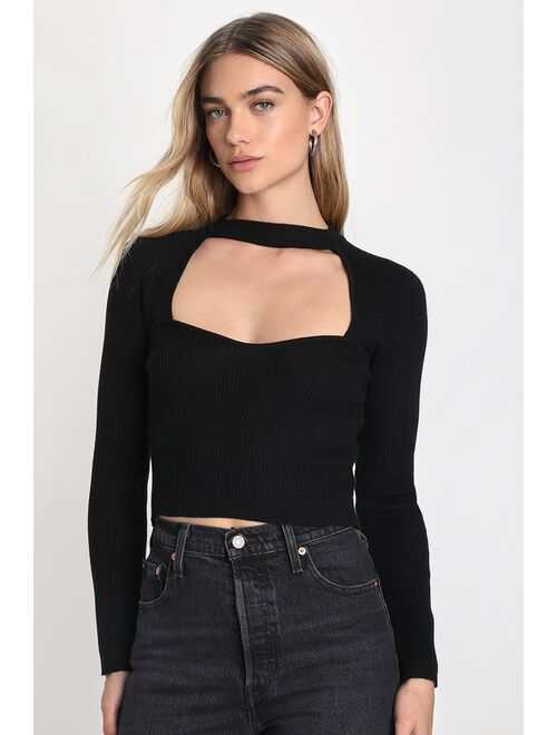 Lulus Total Flirt Black Ribbed Cutout Mock Neck Sweater Top